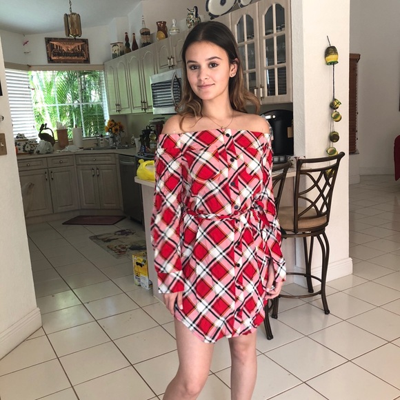 Plaid Off Shoulder Dress - Picture 2 of 7